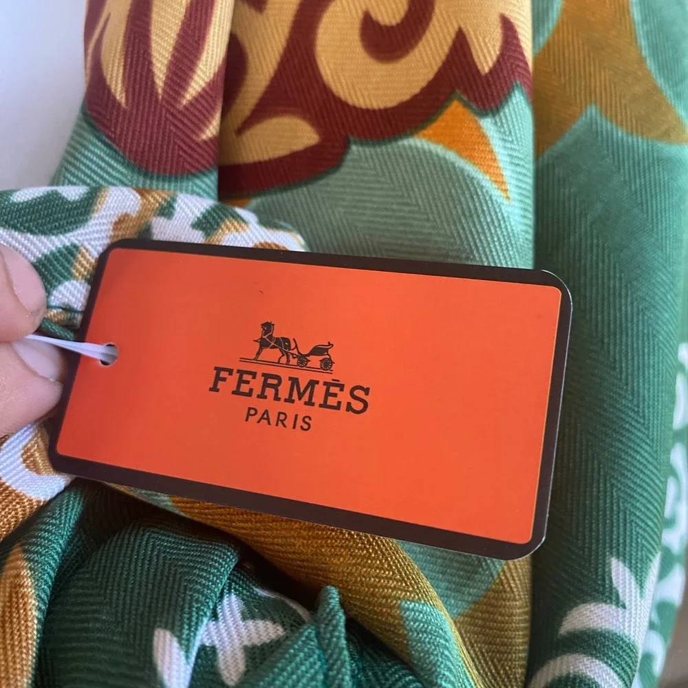 Fermes Paris Green Yellow Orange Damask Scrollwork Square Scarf Neckerchief